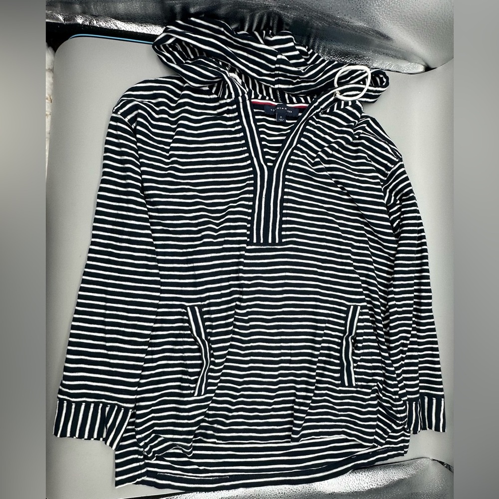 Tommy Hilfiger Hoodie Pullover Women Med. Black White Striped